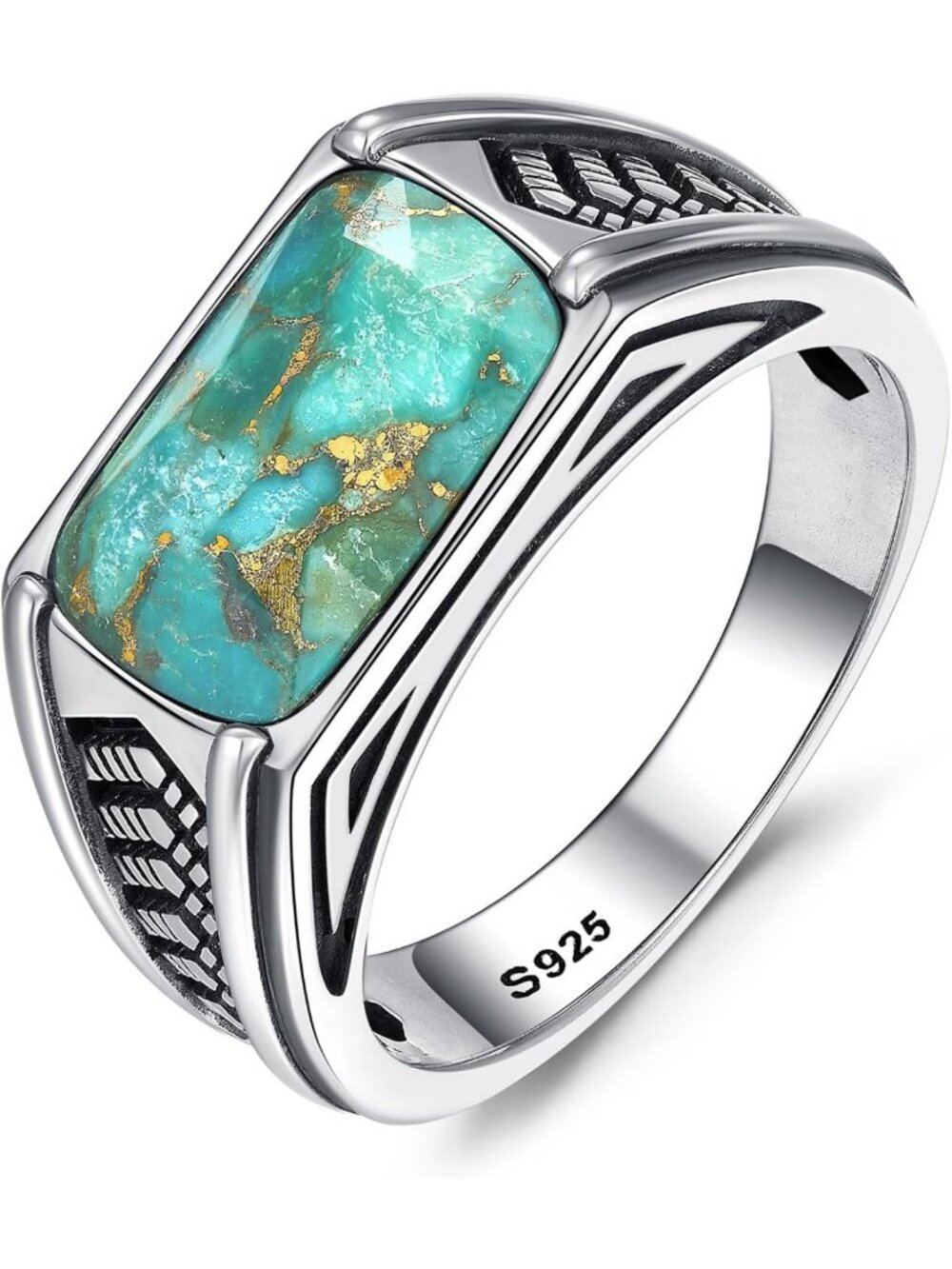 Handmade 925 Sterling Silver Men's Arrow Design Ring, Teal Turquoise & Black